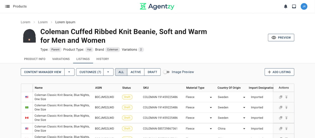 Agentzy Product Listing Management screenshot